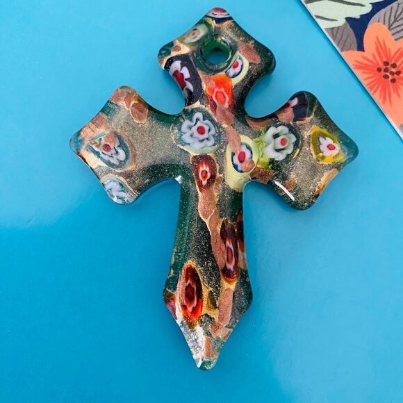 Murano Glass Chunky Cross Pendant Necklace - Picture 3 of 3